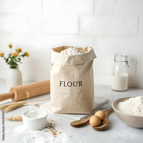Board with paper bag and spoon of buckwheat flour on table