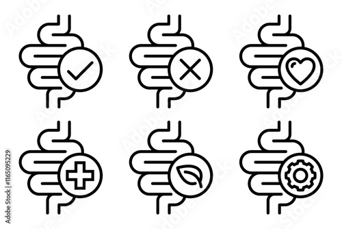 Digestion line icon set. Digestion logo, label, badge, symbol, emblem, banner, circle, black, line, flat vector, isolated illustration. Digestive enzymes label for product packaging design.