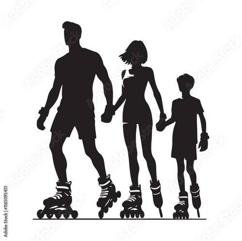 Family Rollerblading silhouette vector illustration