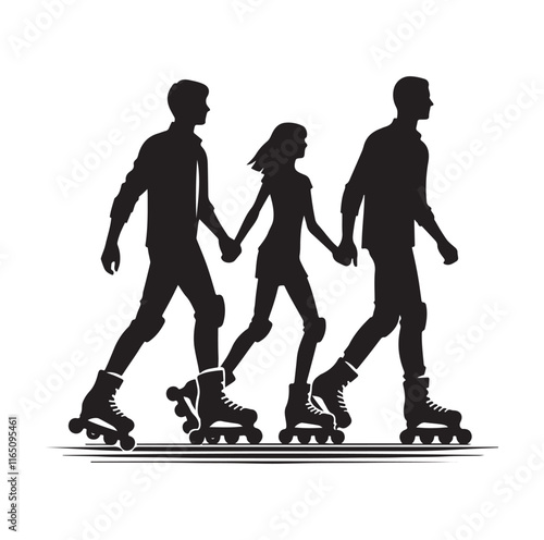 Family Rollerblading silhouette vector illustration