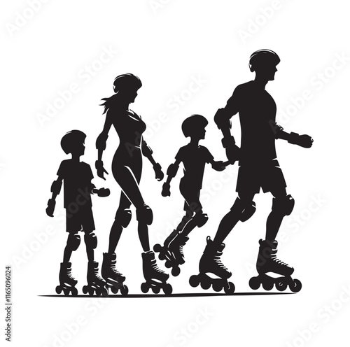 Family Rollerblading silhouette vector illustration
