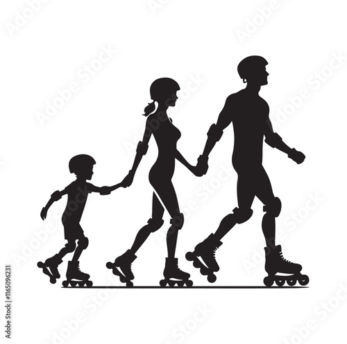 Family Rollerblading silhouette vector illustration