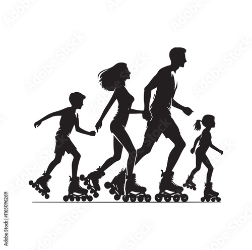 Family Rollerblading silhouette vector illustration
