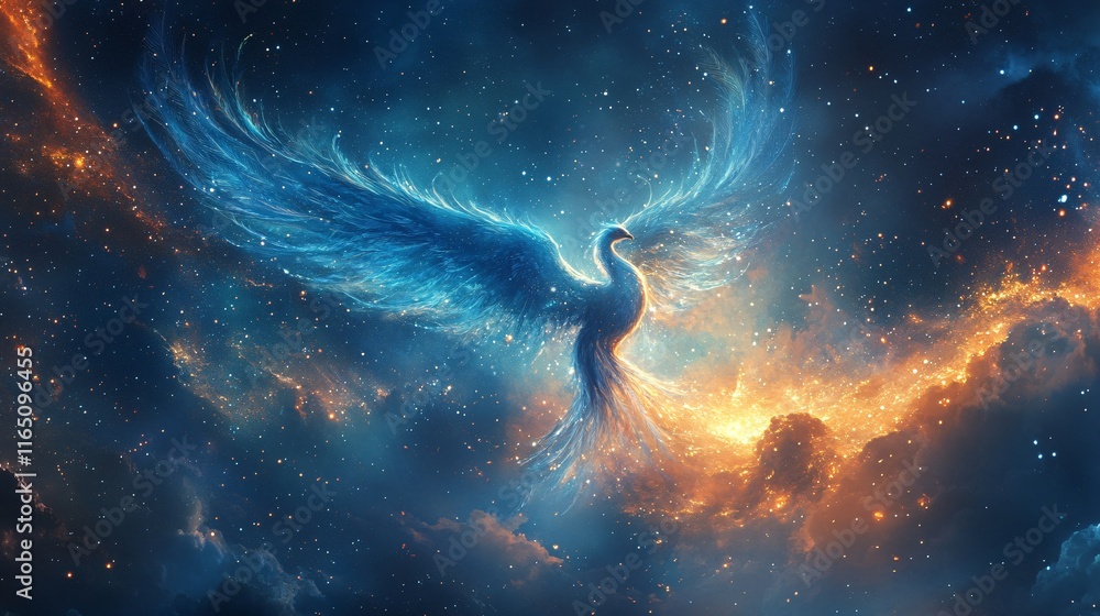 A shimmering phoenix flying gracefully across a starlit sky A shimmering phoenix flying gracefully across a starlit sky