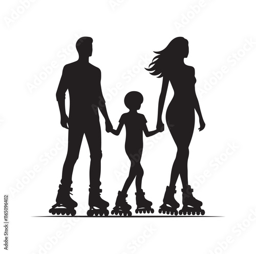 Family Rollerblading silhouette vector illustration