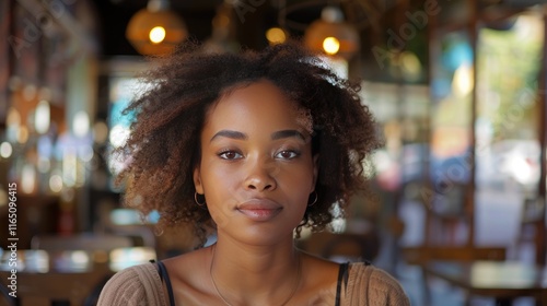 A young woman with curly hair sits in a cafe, looking directly at the camera.