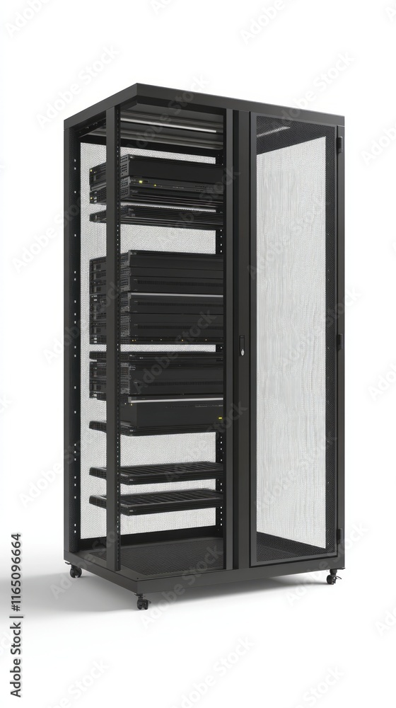 Modern Black Server Rack with Multiple Shelves for Secure Data Storage Modern Black Server Rack with Multiple Shelves for Secure Data Storage