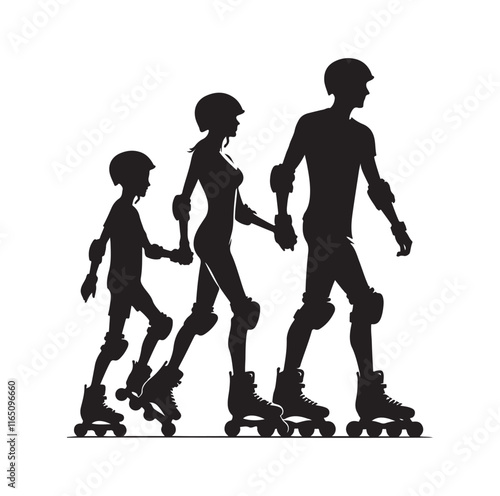 Family Rollerblading silhouette vector illustration