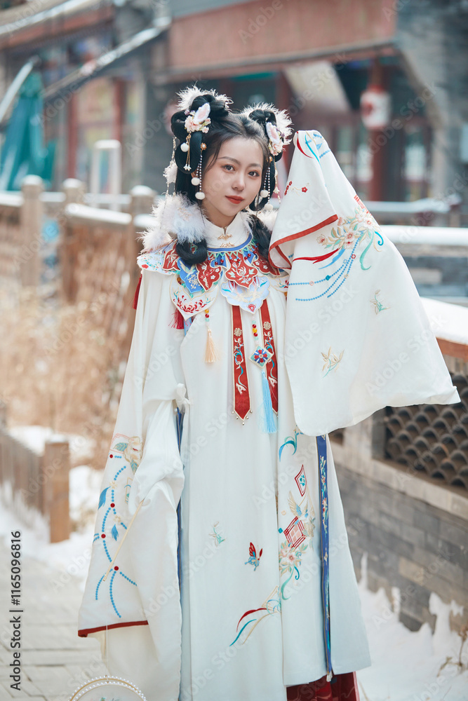 Obraz premium Asian girl wearing Ming Dynasty Hanfu outdoors after heavy snow