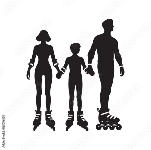 Family Rollerblading silhouette vector illustration