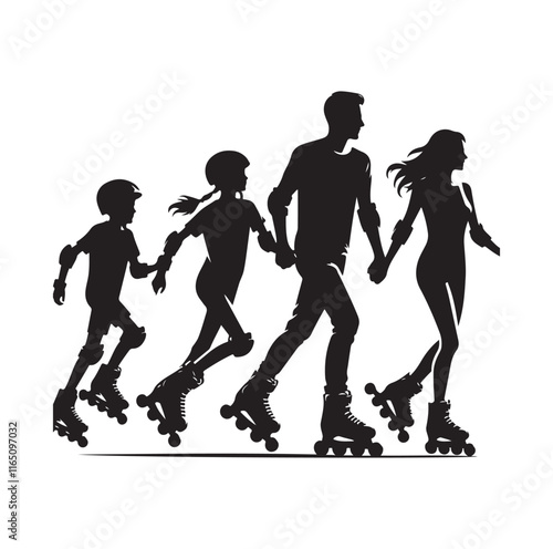 Family Rollerblading silhouette vector illustration
