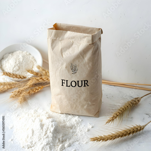  Board with paper bag and spoon of buckwheat flour on table