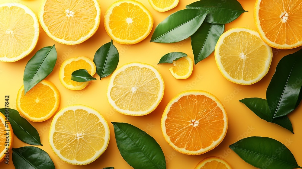 Top view of sliced citrus fruits and leaves on yellow background. Top view of sliced citrus fruits and leaves on yellow background.