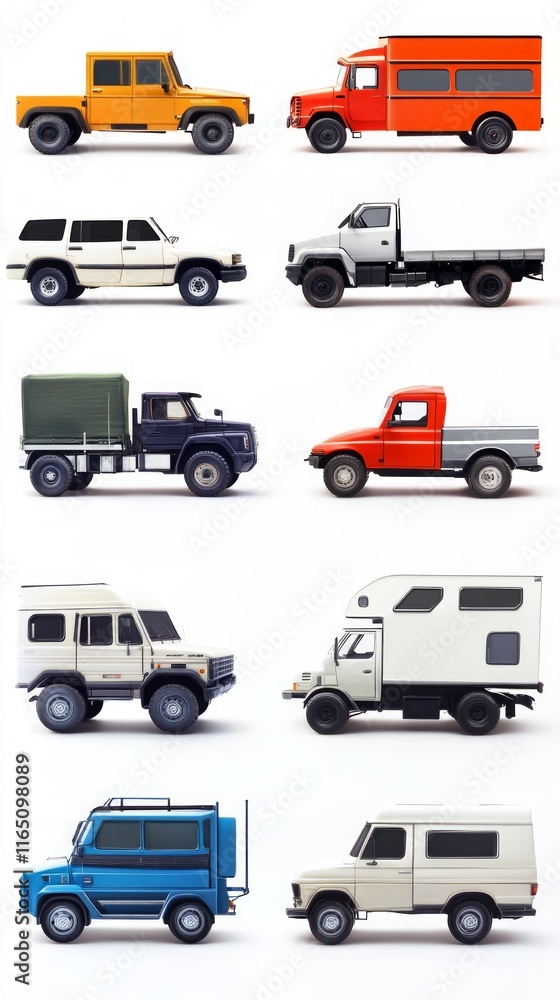 Fototapeta premium Diverse Collection of Robust Trucks and Versatile Cars, a Stunning Display of Modern Transportation Design