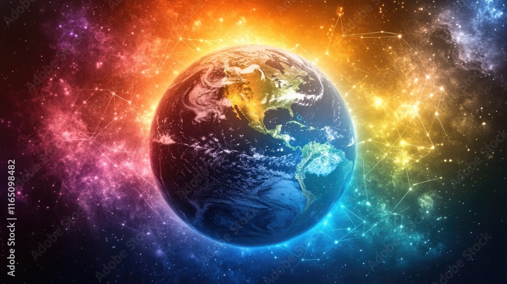 Fototapeta premium Colorful cosmic earth surrounded by vivid galactic energy and illuminated stars