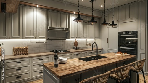 Wallpaper Mural A modern kitchen featuring sleek cabinetry, an island, and stylish pendant lighting. Torontodigital.ca