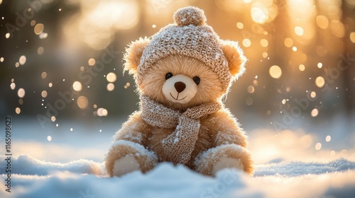 Wallpaper Mural Cozy teddy bear in winter snow with knitted hat and scarf amidst falling snowflakes Torontodigital.ca