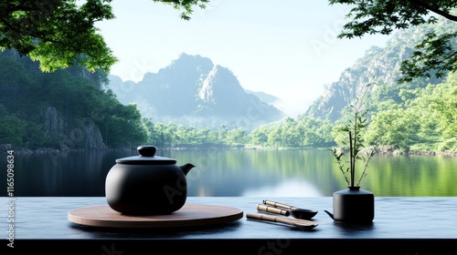 Serene tea setup by a tranquil lake with mountains in the background. photo