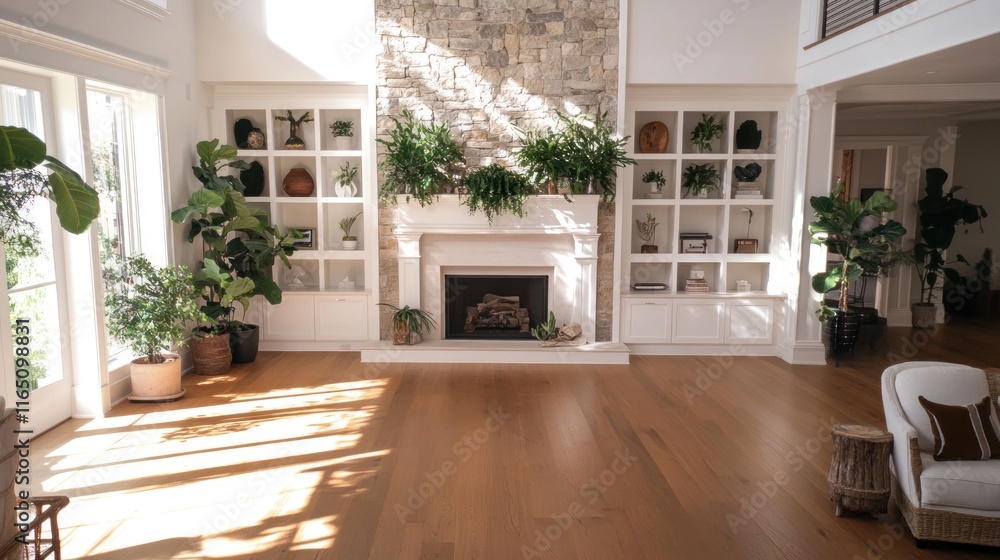 Sunlit living room with fireplace, built-in shelves, and hardwood floors. Sunlit living room with fireplace, built-in shelves, and hardwood floors.