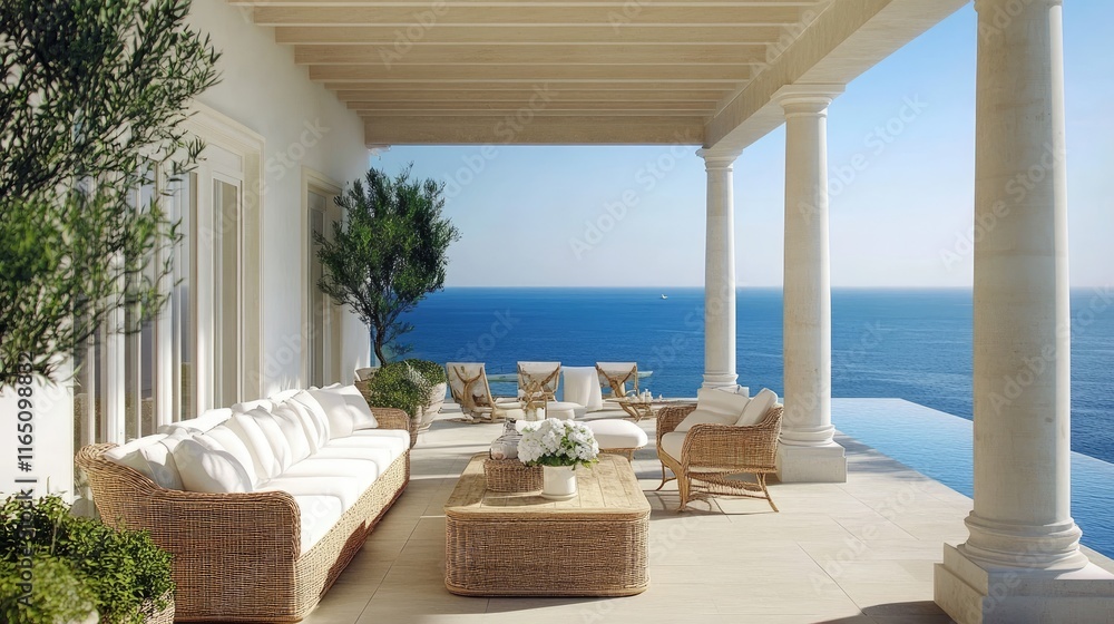 Obraz premium A serene, airy terrace of a grand summer home with an idyllic ocean view and luxurious ambiance