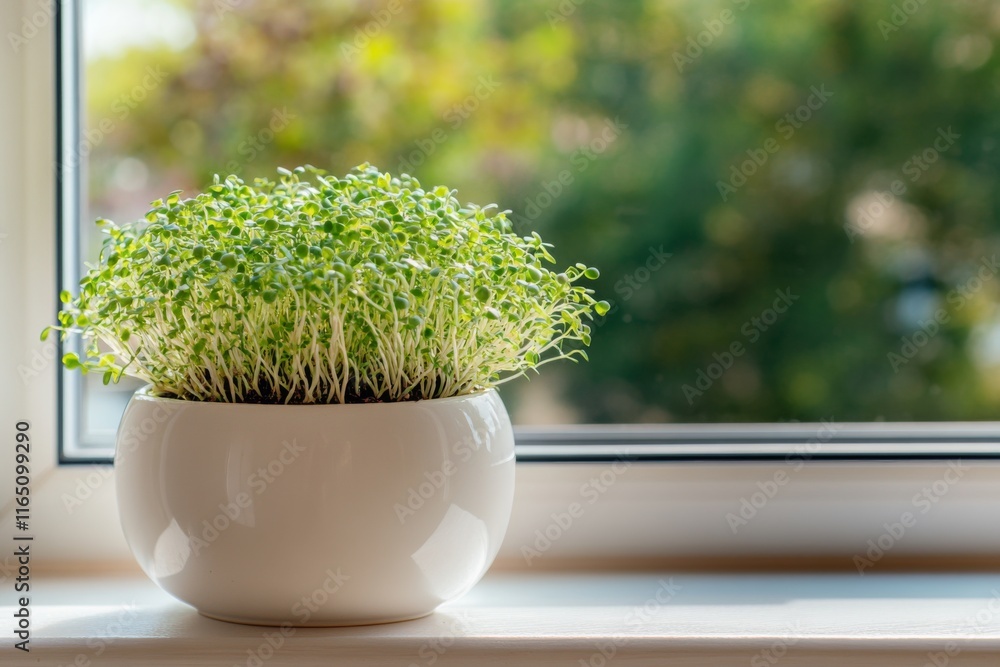 Fresh microgreens growing in a white planter on a sunny windowsill with a green background Fresh microgreens growing in a white planter on a sunny windowsill with a green background
