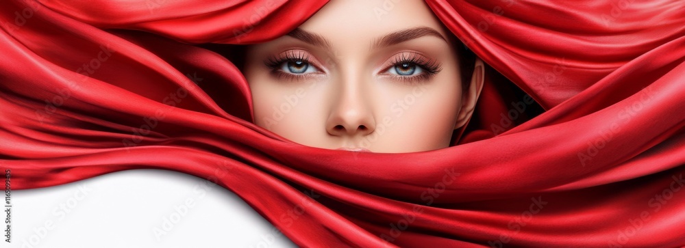Captivating woman with vibrant red fabric framing her face, showcasing striking features and intense gaze Captivating woman with vibrant red fabric framing her face, showcasing striking features and intense gaze