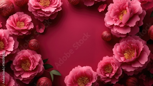 Fototapeta Naklejka Na Ścianę i Meble -  Vibrant pink peonies with textured red spheres on rich red background. Happy Chinese New Year