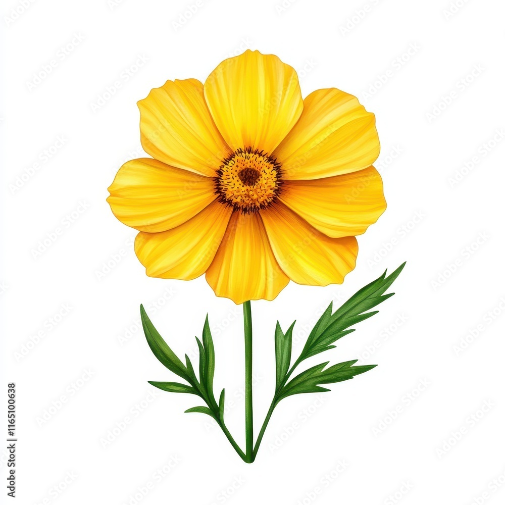 Fototapeta premium A vibrant yellow flower with broad petals and a central disk, accompanied by green leaves, representing beauty and nature.