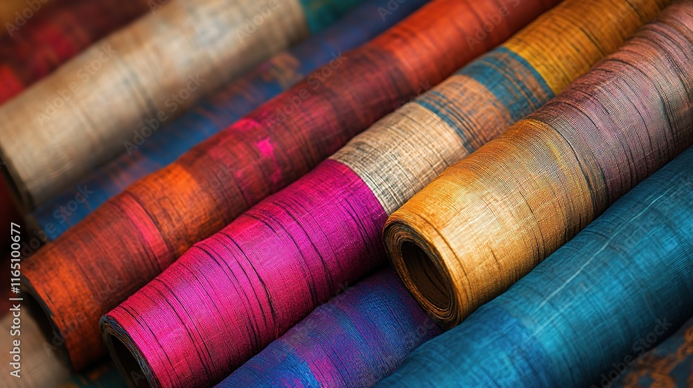 Colorful Rolls of Silk Fabric in a Textile Shop Display Colorful Rolls of Silk Fabric in a Textile Shop Display