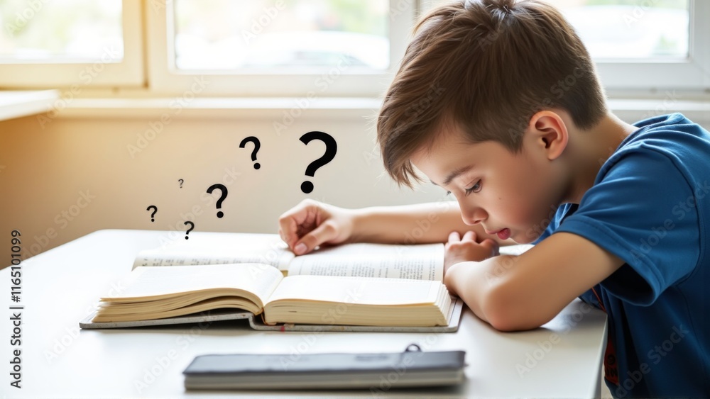 Young child facing challenges while studying in classroom, symbolizing perseverance and determination in overcoming academic difficulties. Young child facing challenges while studying in classroom, symbolizing perseverance and determination in overcoming academic difficulties.
