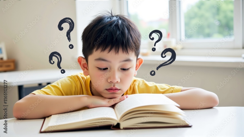 Young child facing challenges while studying in classroom, symbolizing perseverance and determination in overcoming academic difficulties. Young child facing challenges while studying in classroom, symbolizing perseverance and determination in overcoming academic difficulties.