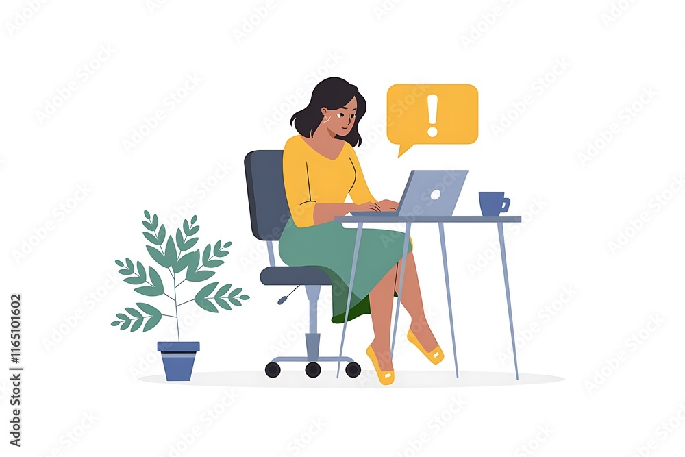 Woman Working on Laptop with Alert Notification Woman Working on Laptop with Alert Notification