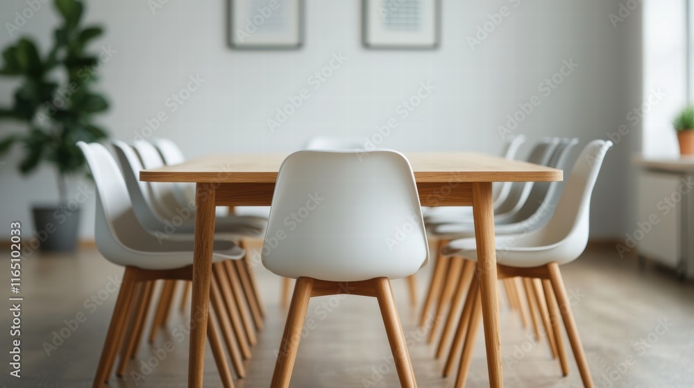 Empty meeting table and chairs in modern collaborative office space Empty meeting table and chairs in modern collaborative office space