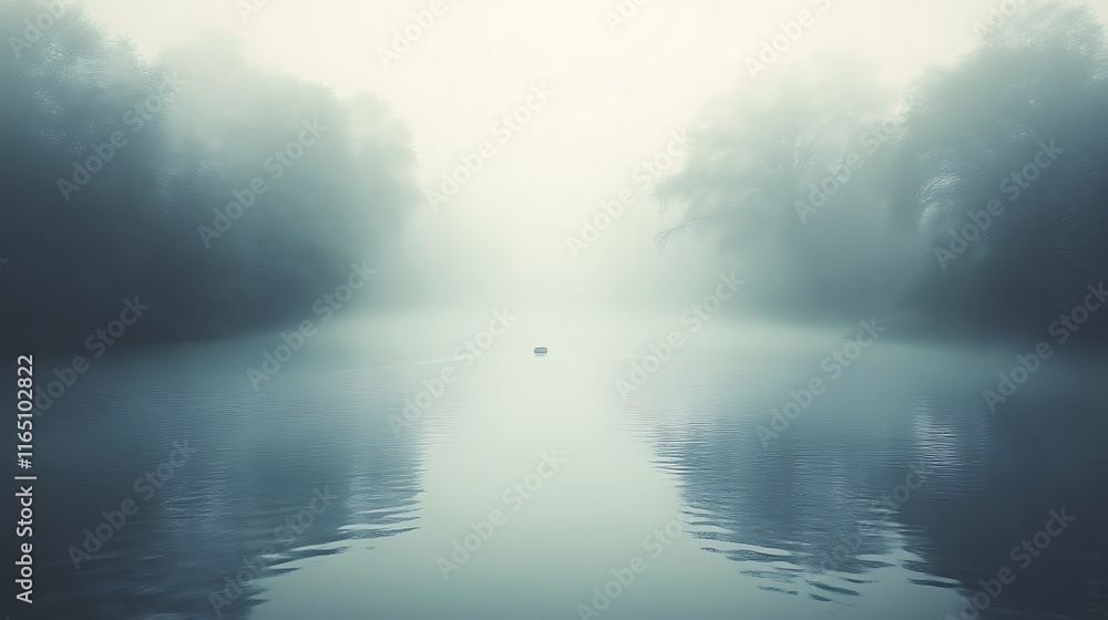 Fototapeta premium Solitary Boat on a Foggy River Between Trees