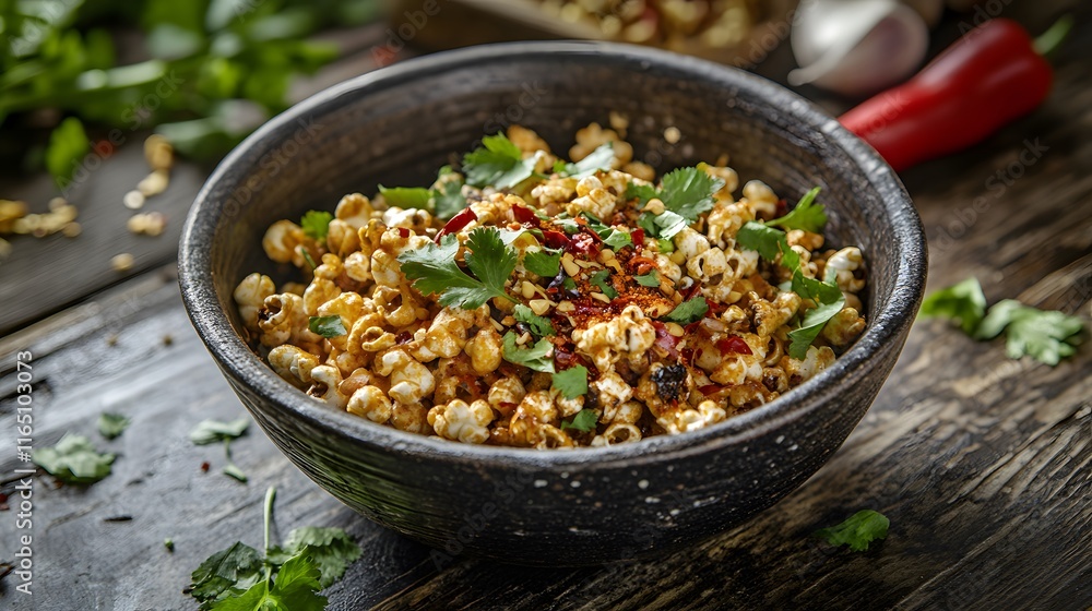 A rustic bowl filled with smoky popcorn, garnished with a sprinkle of chili flakes and fresh herbs for added flavor A rustic bowl filled with smoky popcorn, garnished with a sprinkle of chili flakes and fresh herbs for added flavor