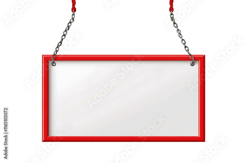 A blank white hanging sign with a red frame, suspended on chains, against, isolated on a transparent background.