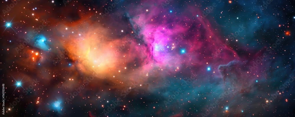 Fototapeta premium Cosmic abstract background idea. Vibrant cosmic nebula with colorful gas clouds and shimmering stars in deep space.