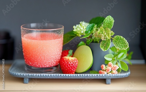 A refreshing drink in a glass, surrounded by fresh strawberries and green herbs on a stylish tray, evoking a vibrant, healthy lifestyle. photo