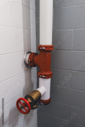 Fotografie fire hose standpipe system strategy in stairwell with concrete wall background f