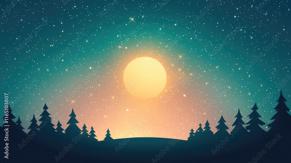 Naklejka premium Cosmic abstract background idea. A tranquil forest landscape under a starry sky with a glowing sun setting.