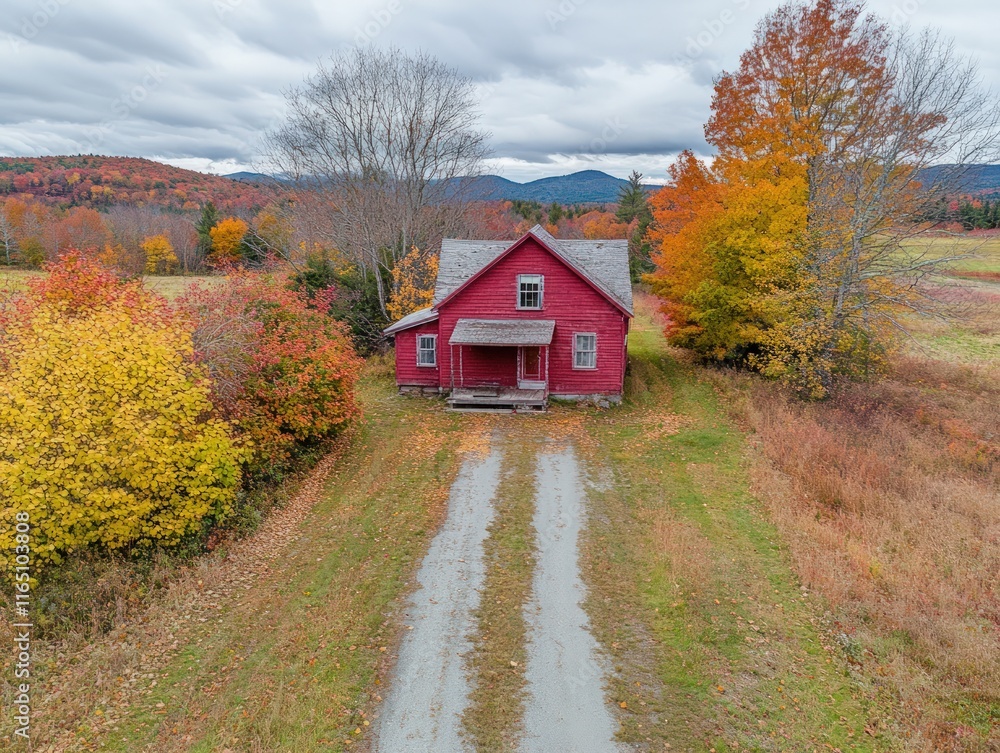Rustic red farmhouse on a gravel driveway amidst autumn foliage and mountains. Rustic red farmhouse on a gravel driveway amidst autumn foliage and mountains.