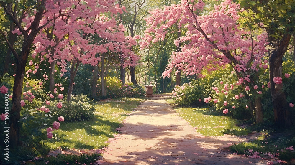 A spring garden scene with evergreens nestled under blooming cherry blossom branches, sunlight filtering through petals, A spring garden scene with evergreens nestled under blooming cherry blossom branches, sunlight filtering through petals,