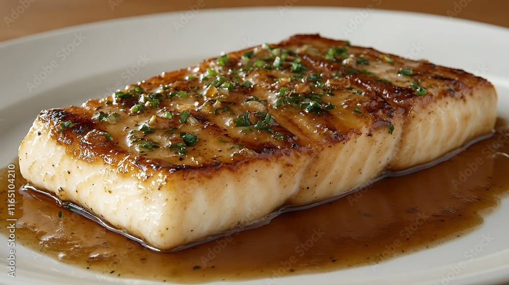 Grilled fish fillet with garlic herb sauce on a white plate. Grilled fish fillet with garlic herb sauce on a white plate.