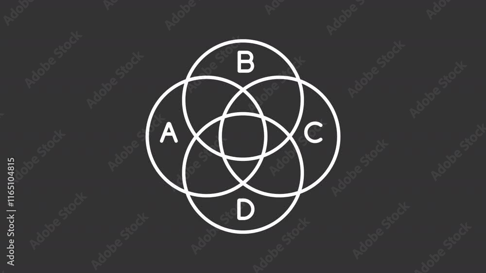 Animated venn diagram white icon. Overlapping circles with letters line animation. Marketing research for business. Isolated illustration on dark background. Transition alpha video. Motion graphic Animated venn diagram white icon. Overlapping circles with letters line animation. Marketing research for business. Isolated illustration on dark background. Transition alpha video. Motion graphic