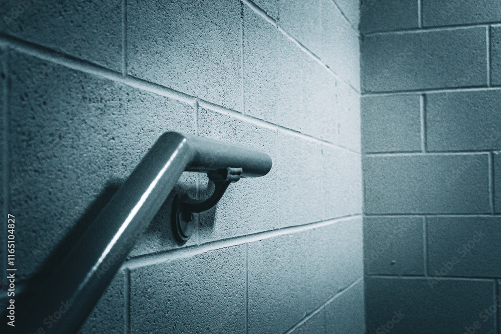 close-up of strong metal handrail installed on concrete wall hallway corridor security protection background close-up of strong metal handrail installed on concrete wall hallway corridor security protection background