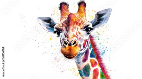 Colorful Watercolor Giraffe Portrait photo