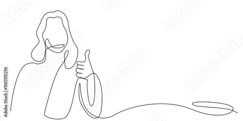 continuous line drawing of god jesus with thumbs up hand gesture.one line drawing of jesus with OK hand gesture.single line vector illustration.isolated white background
