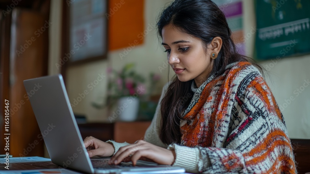 Focused Young Woman Typing on Laptop in Cozy Workspace