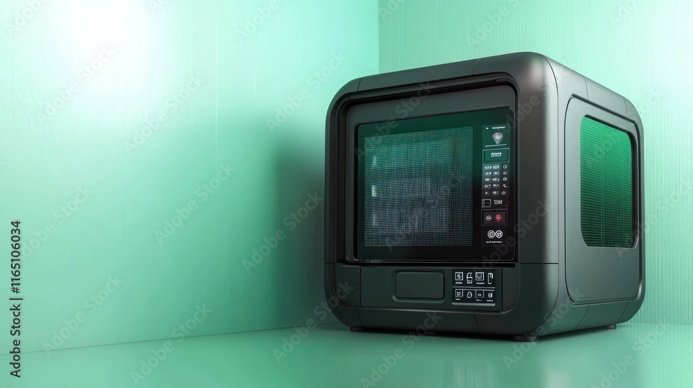 A modern microwave with a sleek design in a green setting. A modern microwave with a sleek design in a green setting.