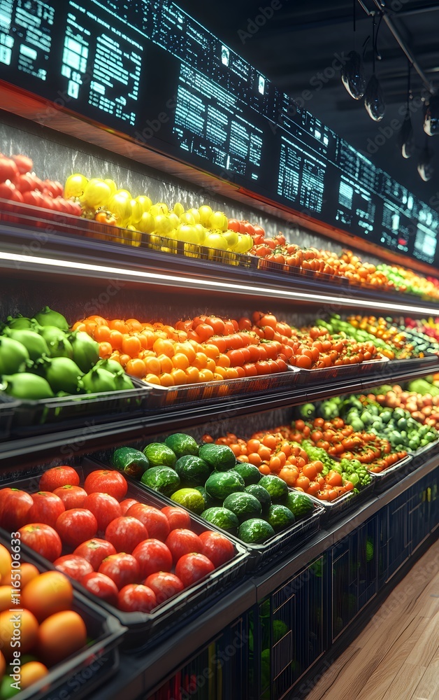 Modern grocery shelves stacked with colorful fruits and vegetables Modern grocery shelves stacked with colorful fruits and vegetables